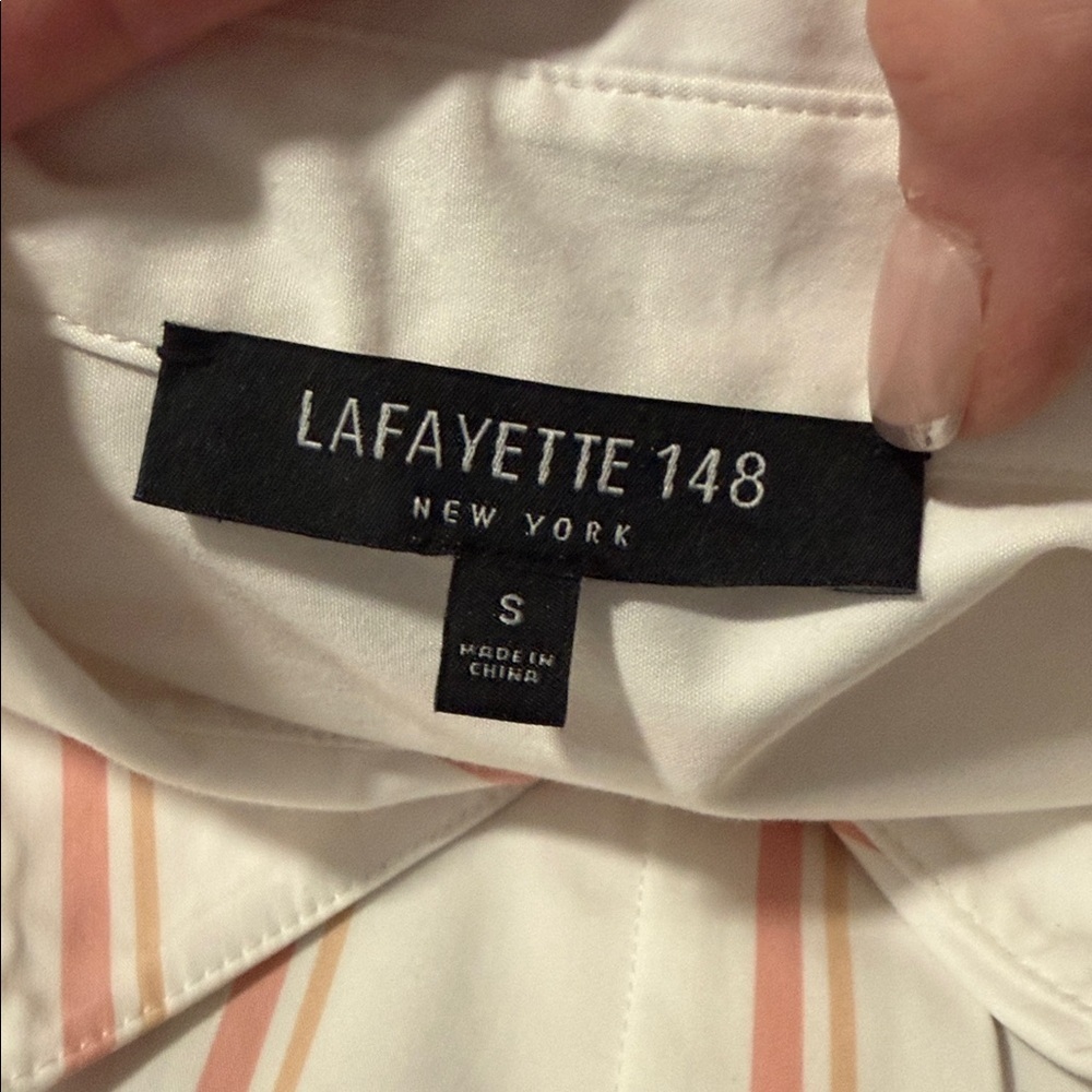 LaFayette 148 New York Velma Long Sleeve Skylark Stripe Long Button Front Blouse - Picture 8 of 10